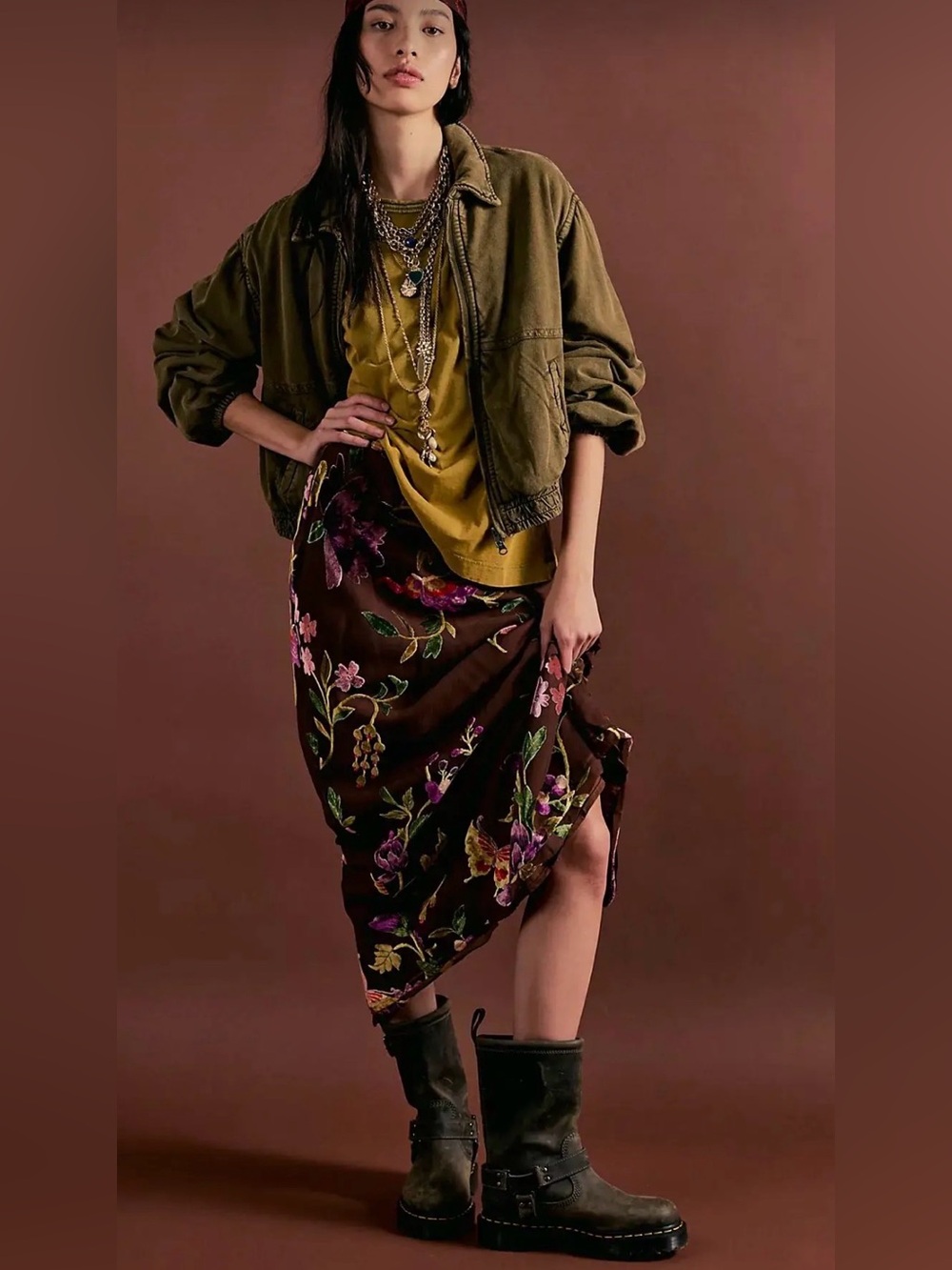 Free People Secret Garden Midi Skirt Chocolate Burnout Velvet Floral Brown 2